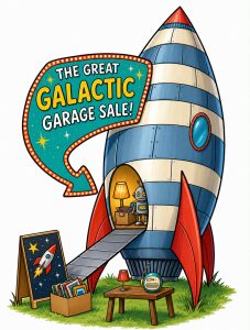 robot in rocket ship having a garage sale